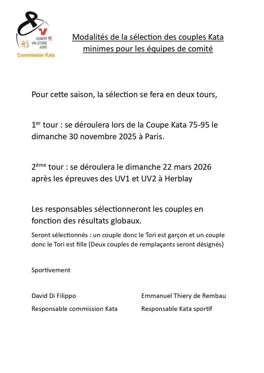 Modalités de la sélection des couples Kata minimes pour les équipes de comité